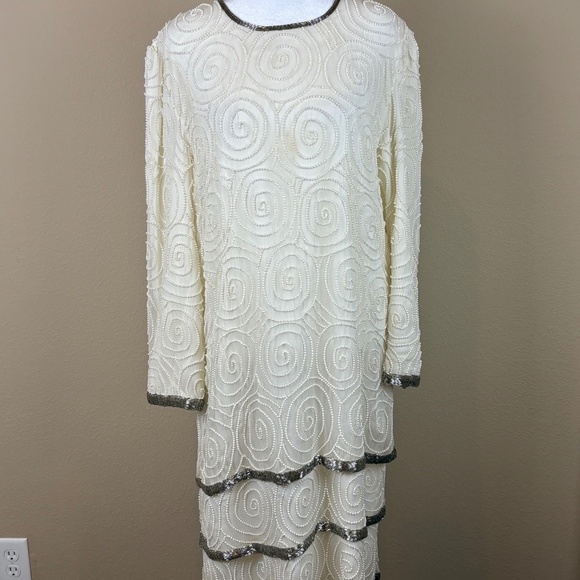 Laurence Kazar Dresses & Skirts - Laurence Kazar New York 100% Silk Vintage Angled Ivory Formal Beaded Midi Dress